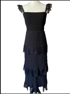 Arula plisse Micro pleated Smocked maxi Lace Tiered dress Whimsigoth formal X/XL